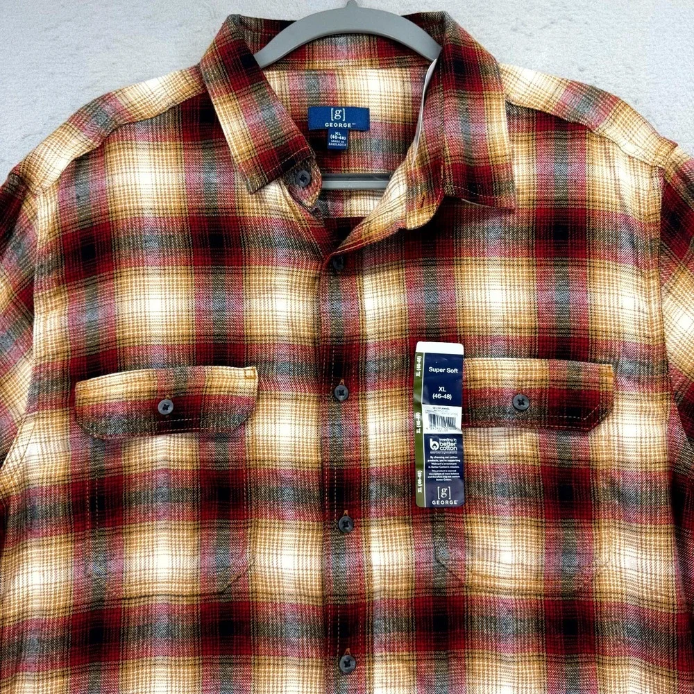 George Flannel Shirt‎ Mens XL Brown Beige Plaid Super Soft Long Sleeve Button Up
